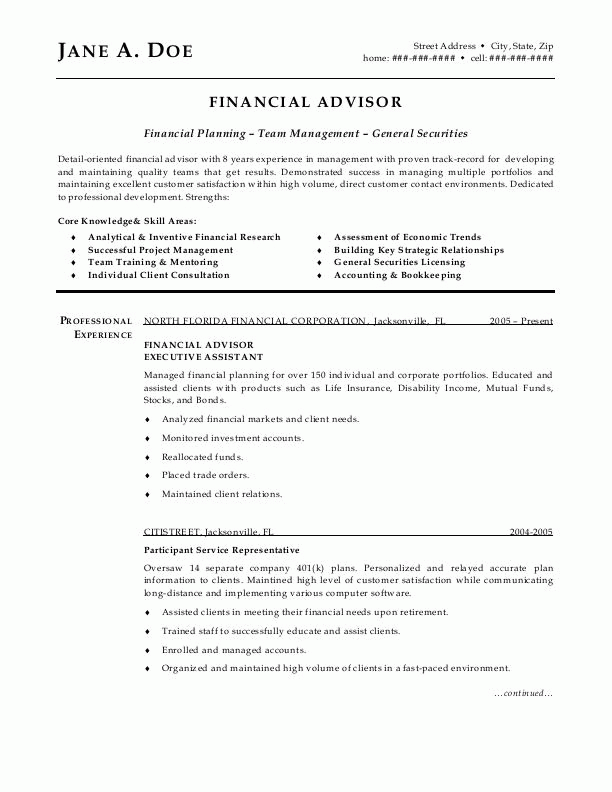 Financial Advisor Resume Example